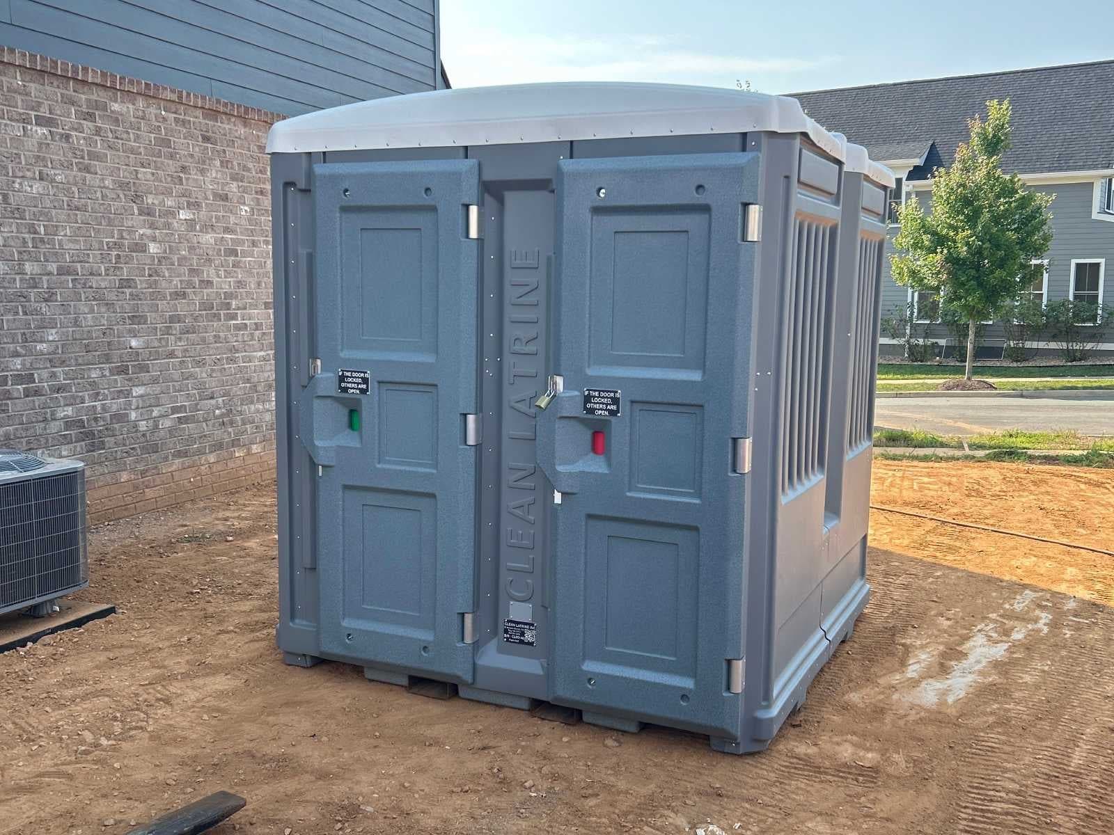 Close-up of a freshly cleaned Clean Latrine portable restroom unit